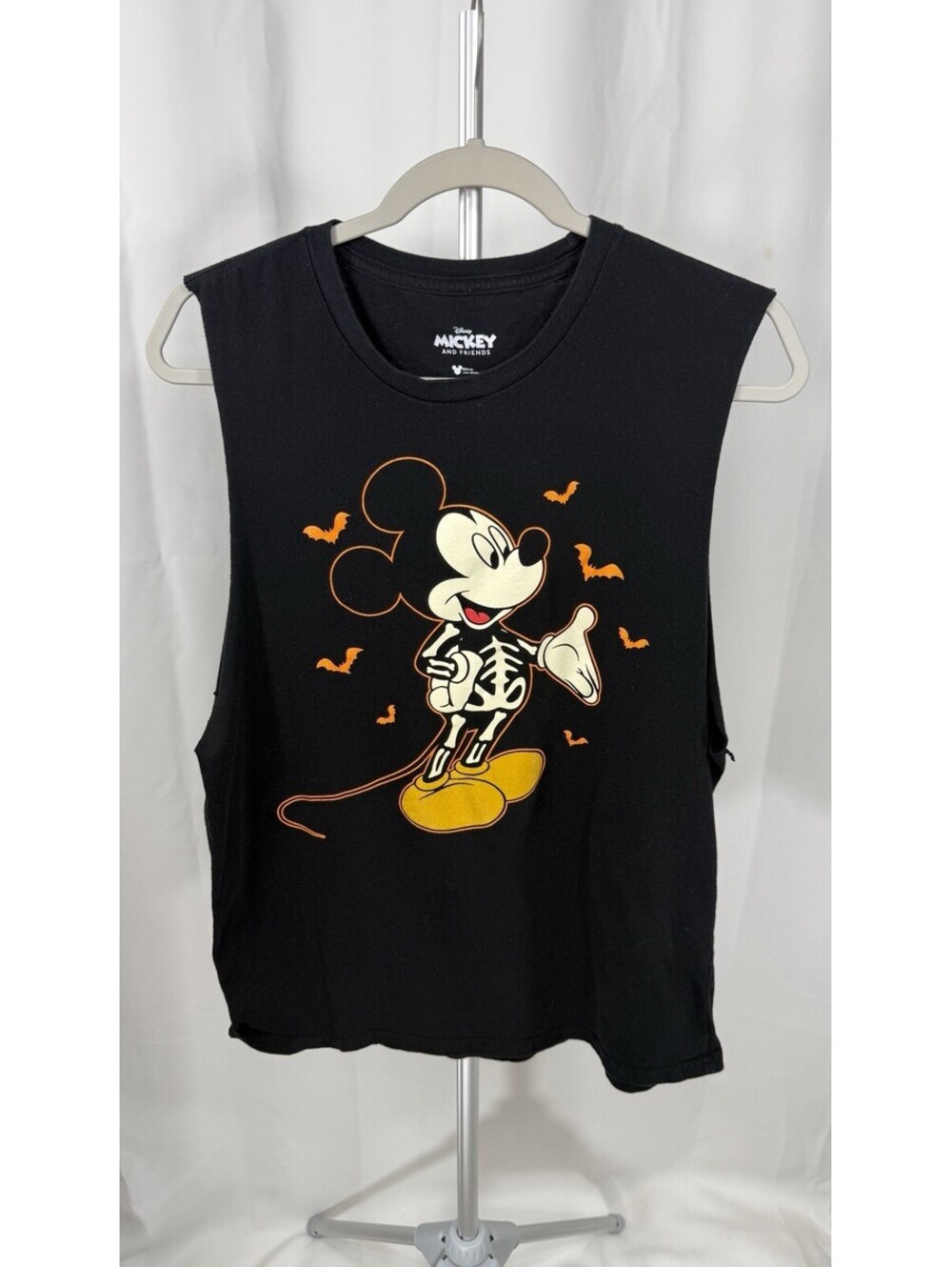 Disney Mickey Mouse Skeleton Halloween Tank Top Cut Off Muscle Tee Spooky Bats